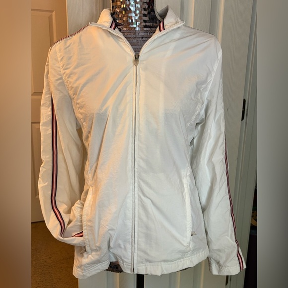 Izod Women’s White Windbreaker Jacket With Striped Long Sleeves | Medium - Picture 5 of 8